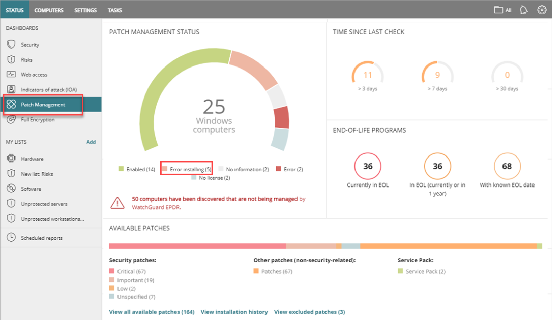 Screen shot of WatchGuard EPDR, Patch Management dashboard, errors
