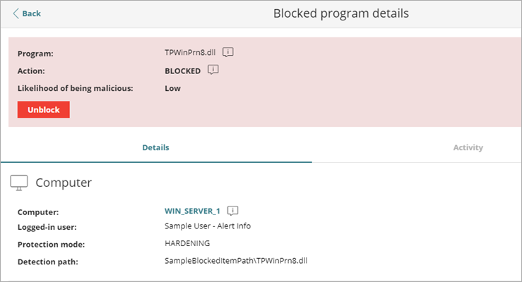 Screen shot of Blocked Program Details page.