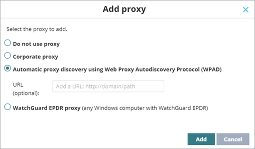 Screen shot of WatchGuard Endpoint Security, Add Proxy dialog box