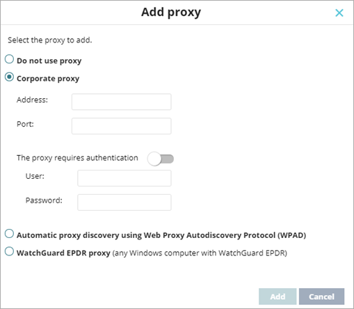 Screen shot of WatchGuard Endpoint Security, Add proxy dialog box