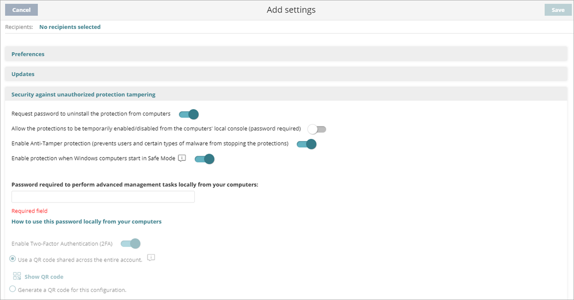 Screen shot of WatchGuard Endpoint Security, Anti-tampering settings