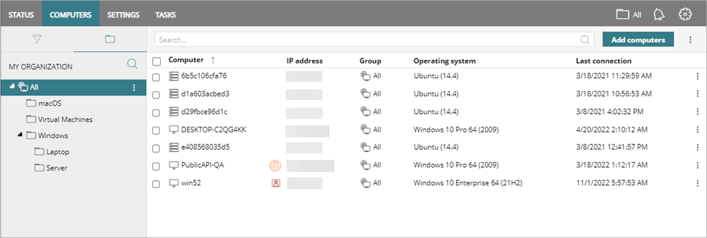 Screen shot of WatchGuard Endpoint Security, Computers list