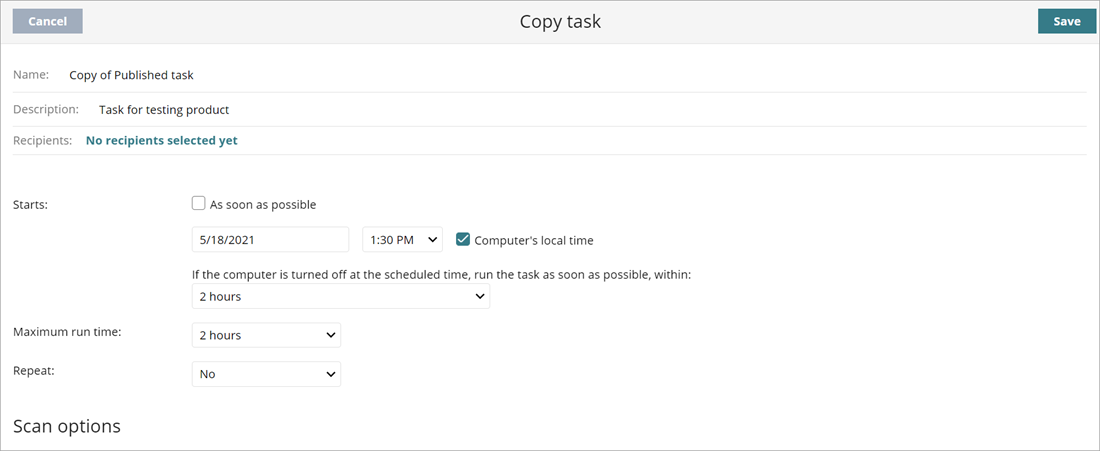 Screen shot of the Copy Task page
