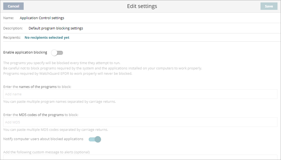 Screen shot of WatchGuard Endpoint Security, Edit settings profile