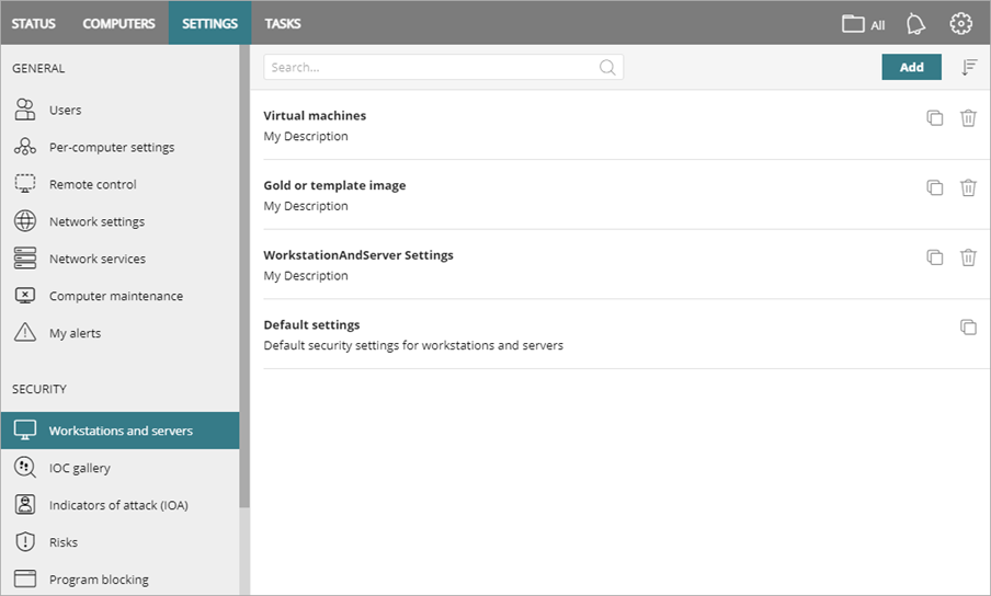 Screen shot of WatchGuard Endpoint Security, Settings page