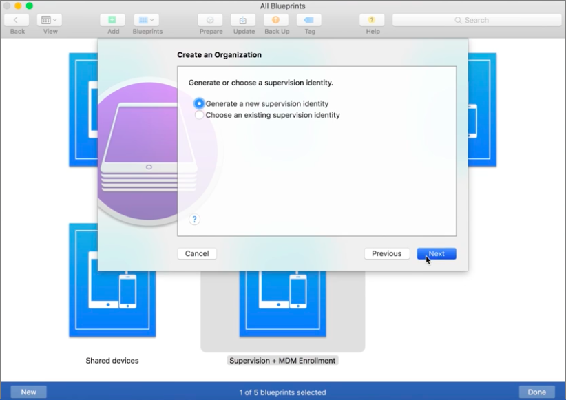 Screen shot of Create an Organization dialog box, select Supervision Identity.