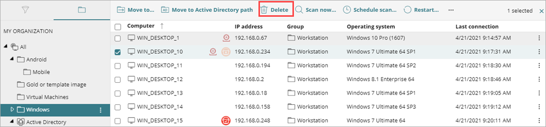  Screen shot of WatchGuard Endpoint Security, Delete computer from list