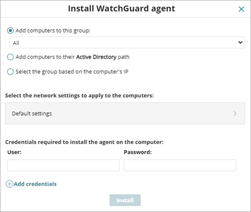  Screen shot of WatchGuard Endpoint Security, Install WatchGuard Agent dialog box
