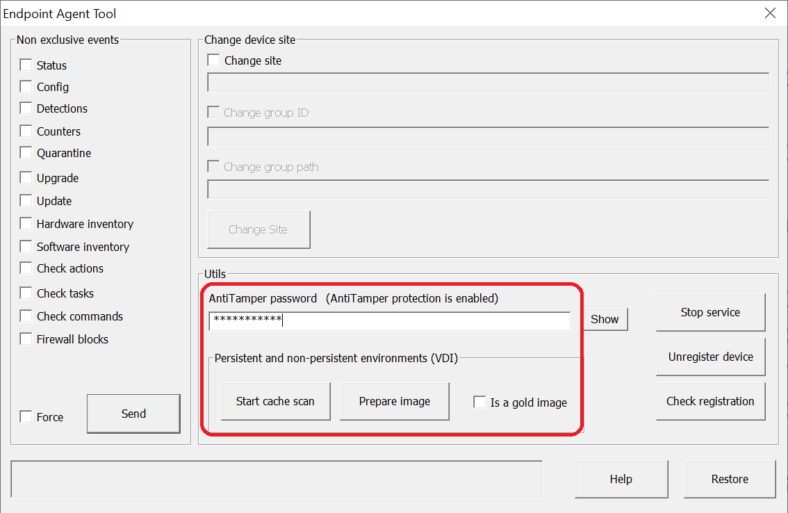 Screen shot of Endpoint Agent Tool dialog box, anti-tamper password