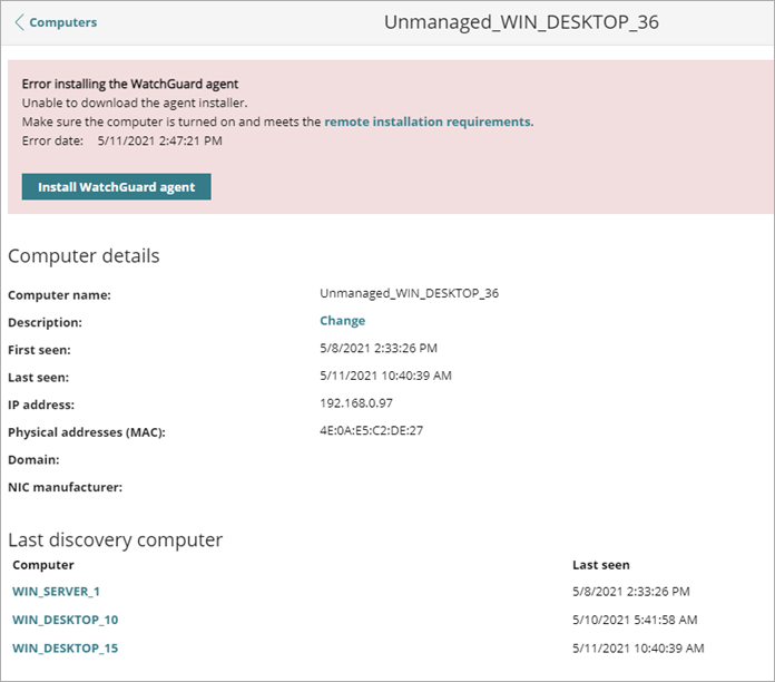 Screen shot of Unmanaged Computer Details page.