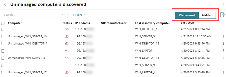  Screen shot of WatchGuard Endpoint Security, Unmanaged Computers Discovered list
