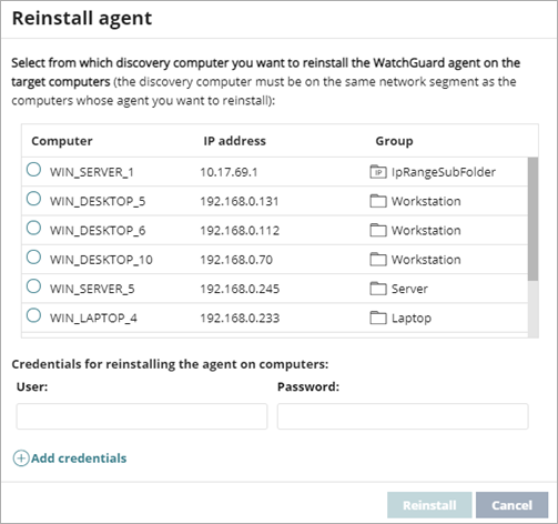 Screen shot of WatchGuard Endpoint Security, Reinstall Agent dialog box