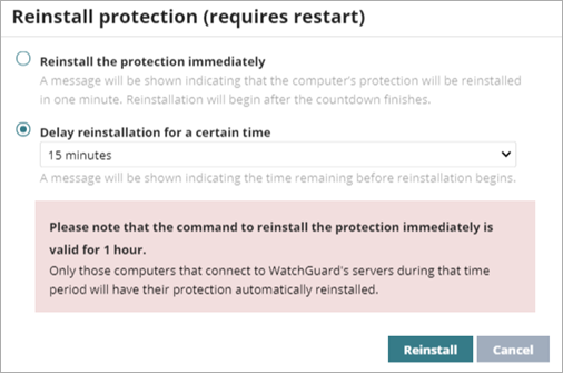Screen shot of WatchGuard Endpoint Security, Reinstall Protection dialog box