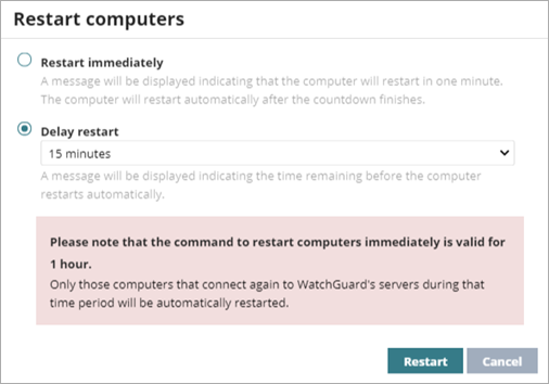 Screen shot of WatchGuard Endpoint Security, Restart Computers dialog box