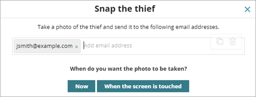 Screen shot of WatchGuard Endpoint Security, Android Snap the Thief dialog box