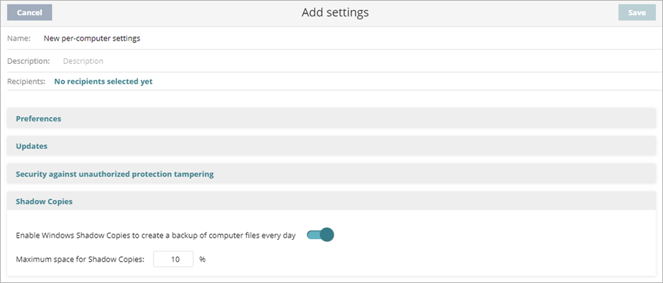 Screen shot of WatchGuard Endpoint Security, Shadow Copies settings