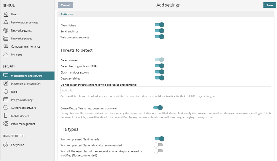 Screen shot of WatchGuard Endpoint Security, Add settings page