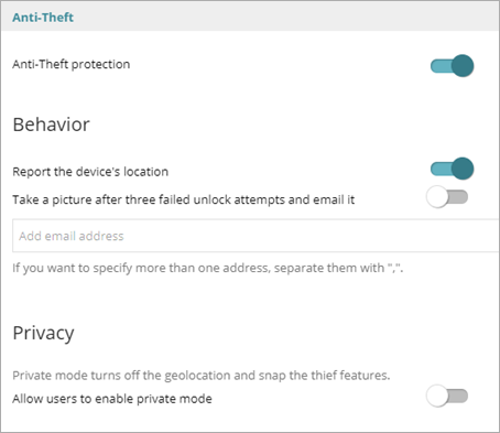 Screen shot of WatchGuard Endpoint Security, Anti-theft protection settings