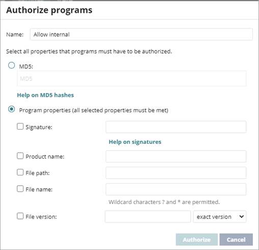 Screen shot of WatchGuard Endpoint Security, Authorize Programs dialog box