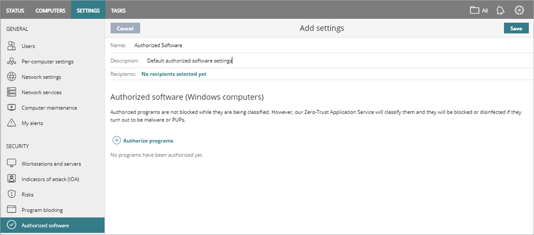Screen shot of WatchGuard Endpoint Security, Authorized Software settings