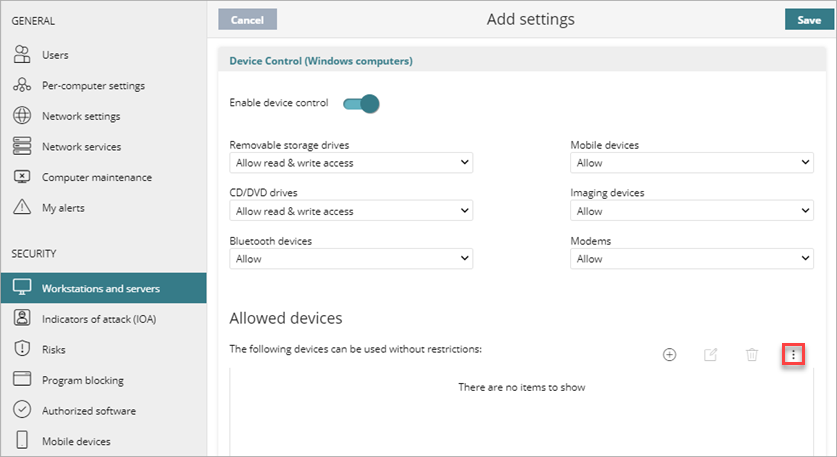 Screen shot of Device Control settings.