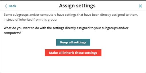 Screen shot of WatchGuard Endpoint Security, Assign Settings dialog box