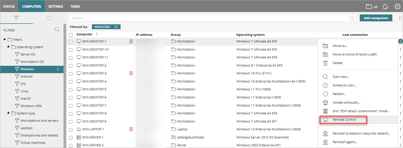 Screen shot of Endpoint Security, Remote Control option