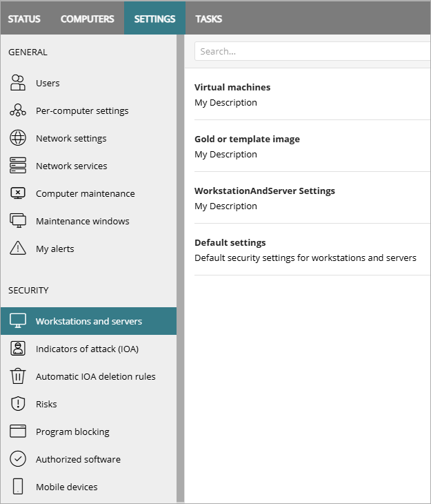 Screen shot of WatchGuard Endpoint Security, Settings page