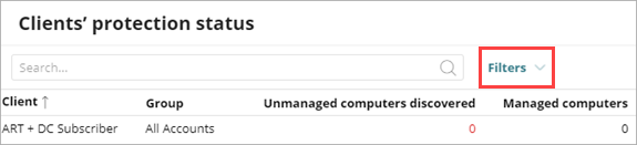 Screen shot of Service Provider Endpoint Manager, Client Protection Status filter