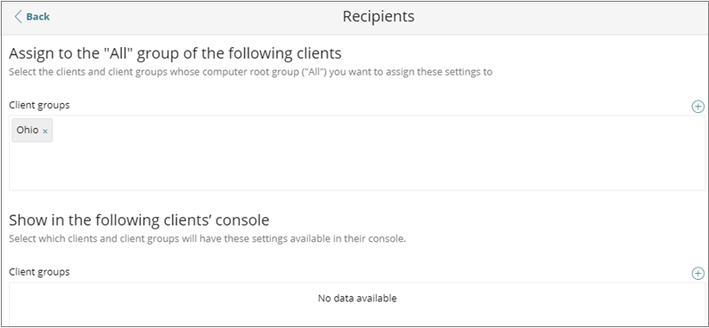 Screen shot of Service Provider Endpoint Manager, Settings recipients