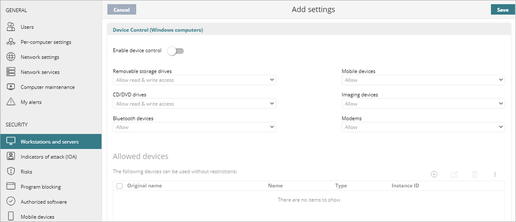 Screen shot of WatchGuard Endpoint Security, Device Control settings