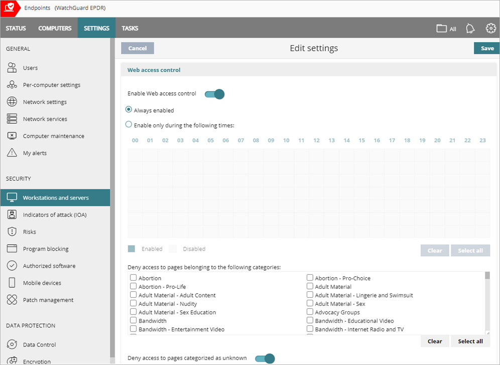 Screen shot of WatchGuard Endpoint Security, Web Access Control settings