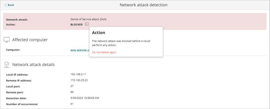 Screen shot of WatchGuard Endpoint Security, Network Attack Detection details