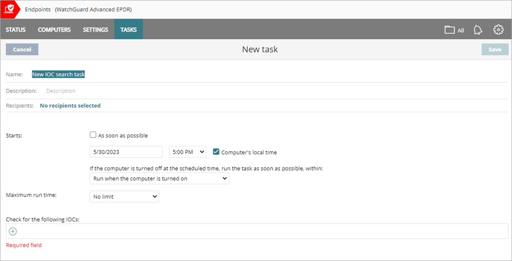 Screen shot of New Task window