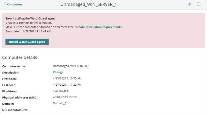  Screen shot of WatchGuard Endpoint Security, Install WatchGuard agent error