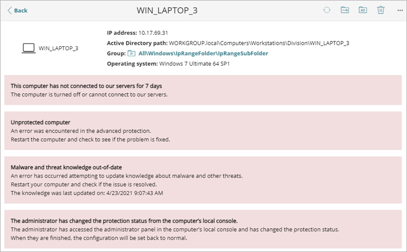  Screen shot of WatchGuard Endpoint Security, Computer details error messages