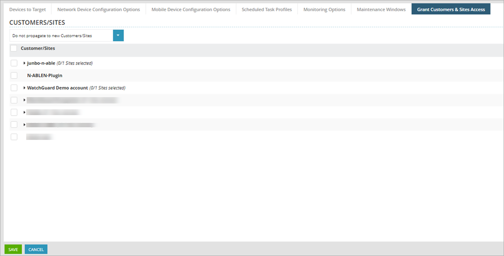 Screen shot of N-Central, Grant Customers & Sites Access tab