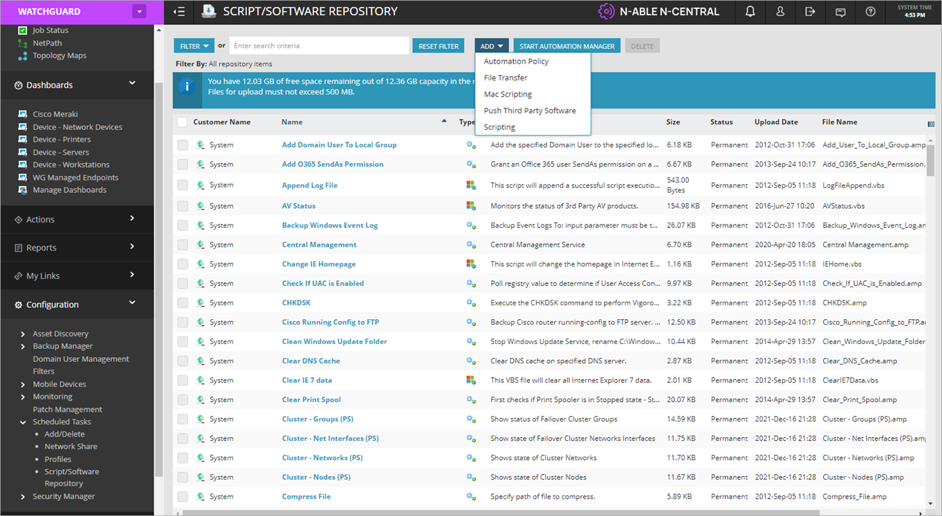Screen shot of N-Central, Script Software Repository, Add