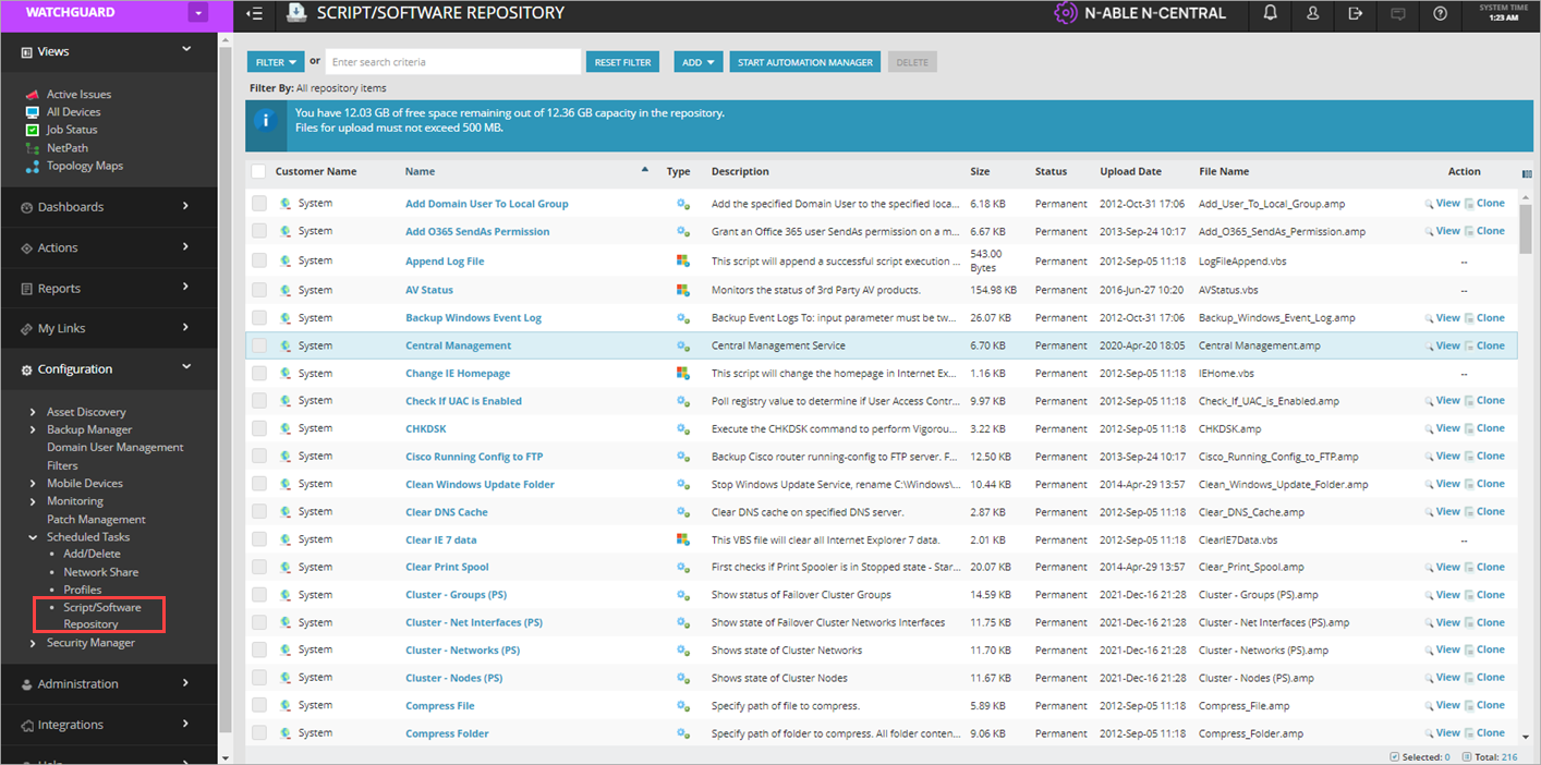 Screen shot of N-Central Script Software Repository