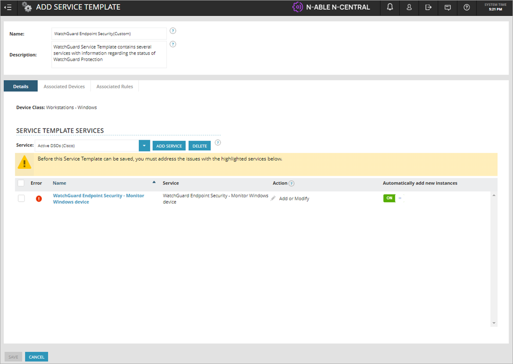 Screen shot of N-Central, Add Service Template