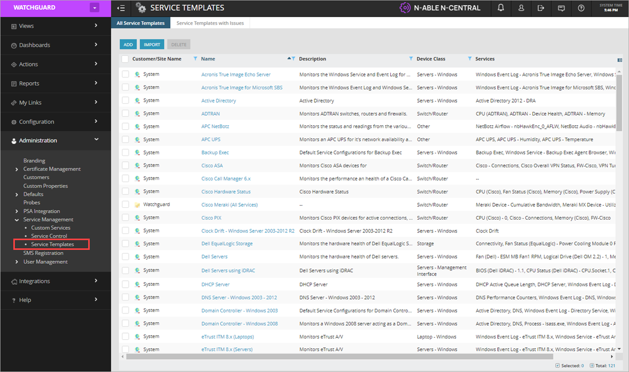 Screen shot of N-Central, Service Templates