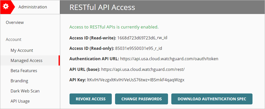 Screenshot of the Administration > Managed Access page with API information in WatchGuard Cloud