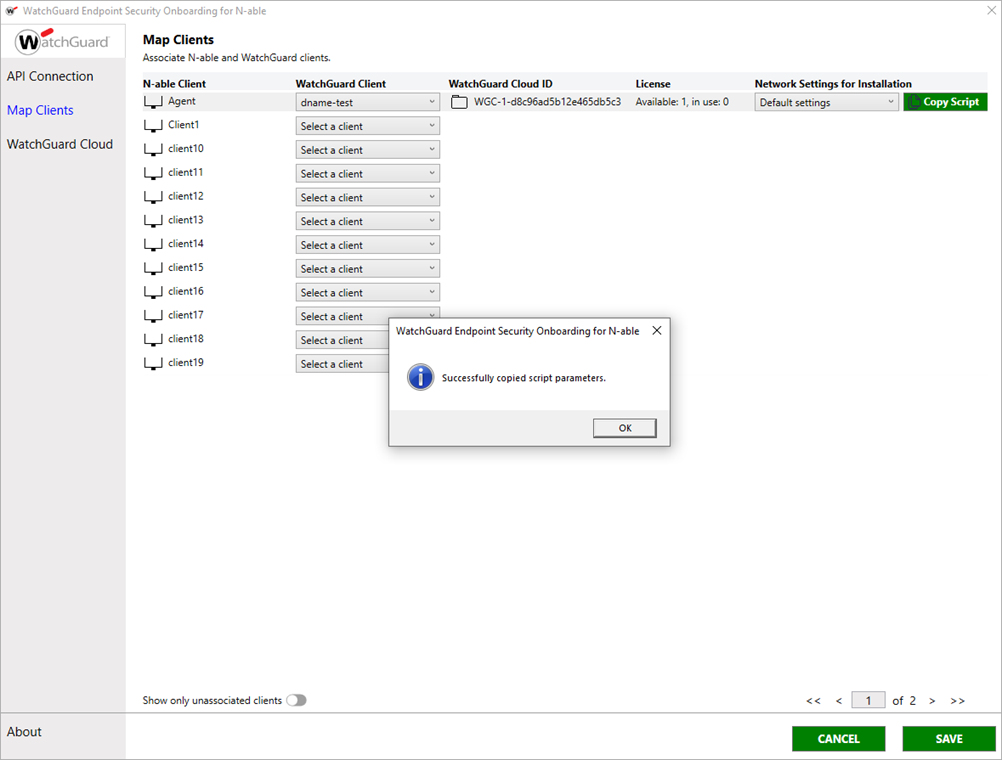 Screenshot of the Map Clients page with the Successfully Saved Script Parameters dialog box