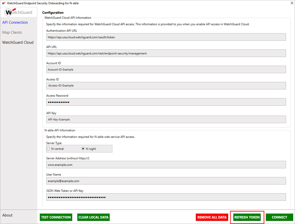 Screenshot of the API Connection page of the WatchGuard Endpoint Security Onboarding for N-able application