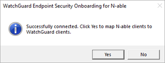 Screenshot of the Successfully Connected dialog box in the WatchGuard Endpoint Security Onboarding for N-able application