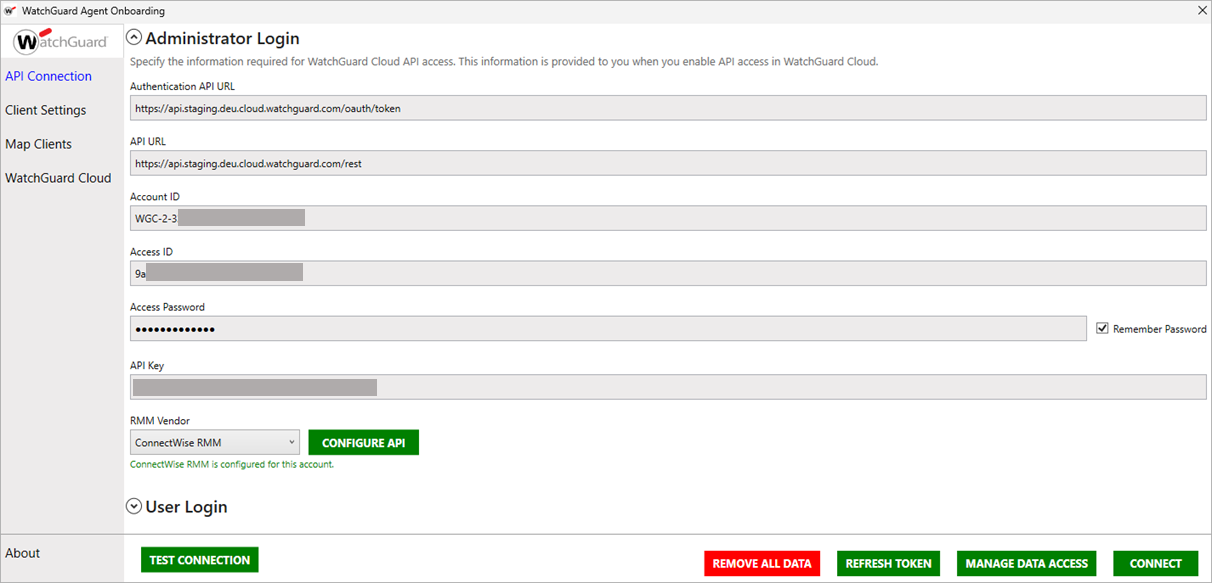 Screenshot of the Administrator Login page in the WatchGuard Agent Onboarding application.