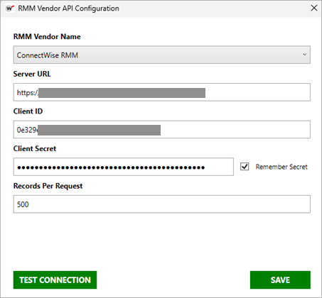 Screen shot of WatchGuard Agent Onboarding application, RMM Vendor API Configuration dialog box