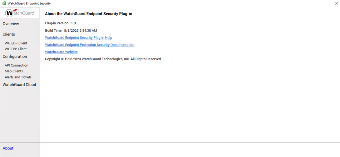 Screenshot of the Endpoint Security plug-in About page. 
