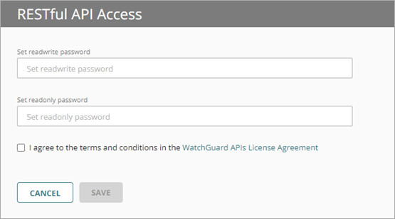 Screen shot of the Enable API Access password page in WatchGuard Cloud