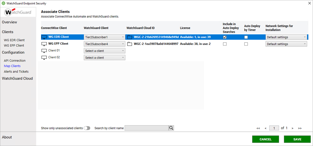 Screen shot of the Associate Clients page in the WatchGuard Endpoint Security plug-in